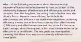 Which of the following statements about the relationship between efficiency and effectiveness is most accurate? a) The relationship between effectiveness and efficiency is subtle and complex. Over the long haul, becoming more effective may also allow a firm to become more efficient. b) While both effectiveness and efficiency are worthwhile objectives, achieving efficiency is more crucial to a firm's success than effectiveness. c) Efficiency and effectiveness are just two terms for the same basic concept. d) In the long run, a firm must choose either to be effective or to be efficient. The two goals are incompatible, meaning that there is no way to consistently achieve both of these goals.