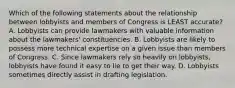 Which of the following statements about the relationship between lobbyists and members of Congress is LEAST accurate? A. Lobbyists can provide lawmakers with valuable information about the lawmakers' constituencies. B. Lobbyists are likely to possess more technical expertise on a given issue than members of Congress. C. Since lawmakers rely so heavily on lobbyists, lobbyists have found it easy to lie to get their way. D. Lobbyists sometimes directly assist in drafting legislation.