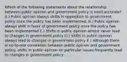 Which of the following statements about the relationship between public opinion and government policy is most accurate? A.) Public opinion always shifts in opposition to government policy once the policy has been implemented. B.) Public opinion always shift in favor of government policy once the policy has been implemented C.) Shifts in public opinion almost never lead to changes in government policy D.) Shifts in public opinion always lead to changes in government policy E.) Although there is no-to-one correlation between public opinion and government policy, shifts in public opinion on particular issues frequently lead to changes in government policy