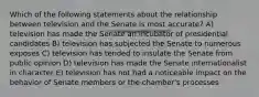 Which of the following statements about the relationship between television and the Senate is most accurate? A) television has made the Senate an incubator of presidential candidates B) television has subjected the Senate to numerous exposes C) television has tended to insulate the Senate from public opinion D) television has made the Senate internationalist in character E) television has not had a noticeable impact on the behavior of Senate members or the chamber's processes