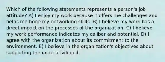 Which of the following statements represents a person's job attitude? A) I enjoy my work because it offers me challenges and helps me hone my networking skills. B) I believe my work has a direct impact on the processes of the organization. C) I believe my work performance indicates my caliber and potential. D) I agree with the organization about its commitment to the environment. E) I believe in the organization's objectives about supporting the underprivileged.