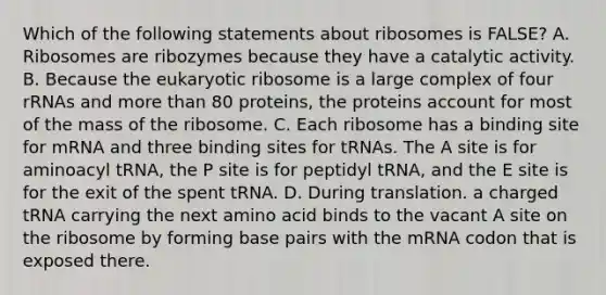 Which of the following statements about ribosomes is FALSE? A. Ribosomes are ribozymes because they have a catalytic activity. B. Because the eukaryotic ribosome is a large complex of four rRNAs and more than 80 proteins, the proteins account for most of the mass of the ribosome. C. Each ribosome has a binding site for mRNA and three binding sites for tRNAs. The A site is for aminoacyl tRNA, the P site is for peptidyl tRNA, and the E site is for the exit of the spent tRNA. D. During translation. a charged tRNA carrying the next amino acid binds to the vacant A site on the ribosome by forming base pairs with the mRNA codon that is exposed there.