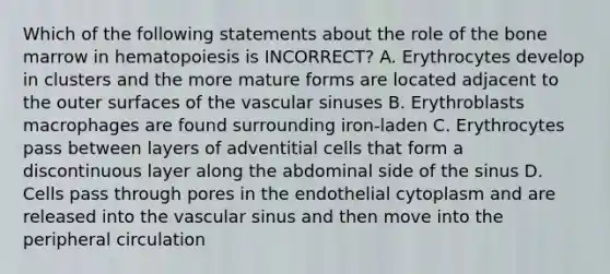 Which of the following statements about the role of the bone marrow in hematopoiesis is INCORRECT? A. Erythrocytes develop in clusters and the more mature forms are located adjacent to the outer surfaces of the vascular sinuses B. Erythroblasts macrophages are found surrounding iron-laden C. Erythrocytes pass between layers of adventitial cells that form a discontinuous layer along the abdominal side of the sinus D. Cells pass through pores in the endothelial cytoplasm and are released into the vascular sinus and then move into the peripheral circulation