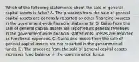 Which of the following statements about the sale of general capital assets is false? A. The proceeds from the sale of general capital assets are generally reported as other financing sources in the government-wide financial statements. B. Gains from the sale of general capital assets are reported as general revenues in the government-wide financial statements; losses are reported as functional expenses. C. Gains and losses from the sale of general capital assets are not reported in the governmental funds. D. The proceeds from the sale of general capital assets increases fund balance in the governmental funds.