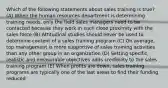 Which of the following statements about sales training is true? (A) When the human resources department is determining training needs, only the field sales managers need to be contacted because they work in such close proximity with the sales force (B) Attitudinal studies should never be used to determine content of a sales training program (C) On average, top management is more supportive of sales training activities than any other group in an organization (D) Setting specific, realistic and measurable objectives adds credibility to the sales training program (E) When profits are down, sales training programs are typically one of the last areas to find their funding reduced