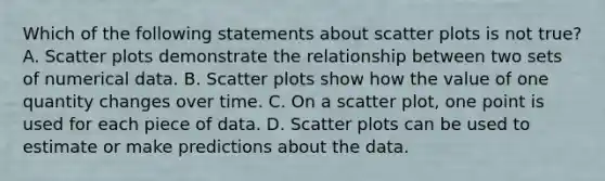 Which of the following statements about scatter plots is not true? A. Scatter plots demonstrate the relationship between two sets of numerical data. B. Scatter plots show how the value of one quantity changes over time. C. On a scatter plot, one point is used for each piece of data. D. Scatter plots can be used to estimate or make predictions about the data.