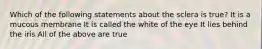 Which of the following statements about the sclera is true? It is a mucous membrane It is called the white of the eye It lies behind the iris All of the above are true