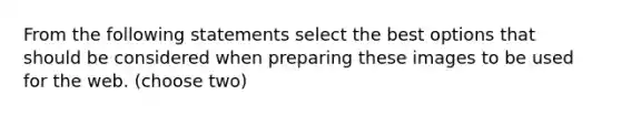 From the following statements select the best options that should be considered when preparing these images to be used for the web. (choose two)