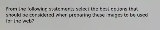 From the following statements select the best options that should be considered when preparing these images to be used for the web?