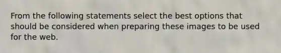 From the following statements select the best options that should be considered when preparing these images to be used for the web.