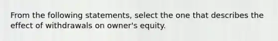 From the following statements, select the one that describes the effect of withdrawals on owner's equity.