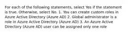 For each of the following statements, select Yes if the statement is true. Otherwise, select No. 1. You can create custom roles in Azure Active Directory (Azure AD) 2. Global administrator is a role in Azure Active Directory (Azure AD) 3. An Azure Active Directory (Azure AD) user can be assigned only one role