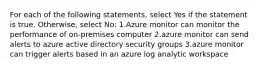 For each of the following statements, select Yes if the statement is true. Otherwise, select No: 1.Azure monitor can monitor the performance of on-premises computer 2.azure monitor can send alerts to azure active directory security groups 3.azure monitor can trigger alerts based in an azure log analytic workspace