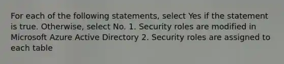 For each of the following statements, select Yes if the statement is true. Otherwise, select No. 1. Security roles are modified in Microsoft Azure Active Directory 2. Security roles are assigned to each table