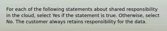 For each of the following statements about shared responsibility in the cloud, select Yes if the statement is true. Otherwise, select No. The customer always retains responsibility for the data.