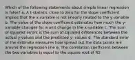 Which of the following statements about simple linear regression is false? a. A t-statistic close to zero for the slope coefficient implies that the x-variable is not linearly related to the y-variable b. The value of the slope coefficient estimates how much the y-variable changes for a unit change in the x-variable c. The sum of squared errors is the sum of squared differences between the actual y-values and the predicted y- values d. The standard error of the estimate measures how spread out the data points are around the regression line e. The correlation coefficient between the two variables is equal to the square root of R2