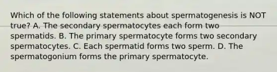 Which of the following statements about spermatogenesis is NOT true? A. The secondary spermatocytes each form two spermatids. B. The primary spermatocyte forms two secondary spermatocytes. C. Each spermatid forms two sperm. D. The spermatogonium forms the primary spermatocyte.