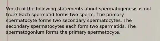 Which of the following statements about spermatogenesis is not true? Each spermatid forms two sperm. The primary spermatocyte forms two secondary spermatocytes. The secondary spermatocytes each form two spermatids. The spermatogonium forms the primary spermatocyte.