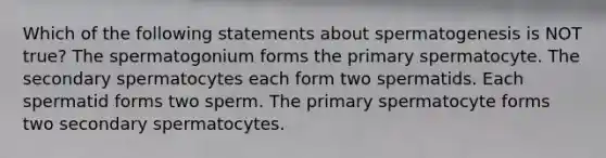 Which of the following statements about spermatogenesis is NOT true? The spermatogonium forms the primary spermatocyte. The secondary spermatocytes each form two spermatids. Each spermatid forms two sperm. The primary spermatocyte forms two secondary spermatocytes.