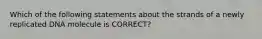 Which of the following statements about the strands of a newly replicated DNA molecule is CORRECT?