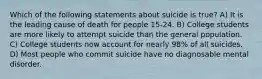 Which of the following statements about suicide is true? A) It is the leading cause of death for people 15-24. B) College students are more likely to attempt suicide than the general population. C) College students now account for nearly 98% of all suicides. D) Most people who commit suicide have no diagnosable mental disorder.