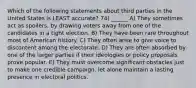 Which of the following statements about third parties in the United States is LEAST accurate? 74) ______ A) They sometimes act as spoilers, by drawing voters away from one of the candidates in a tight election. B) They have been rare throughout most of American history. C) They often arise to give voice to discontent among the electorate. D) They are often absorbed by one of the larger parties if their ideologies or policy proposals prove popular. E) They must overcome significant obstacles just to make one credible campaign, let alone maintain a lasting presence in electoral politics.