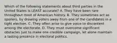 Which of the following statements about third parties in the United States is LEAST accurate? A. They have been rare throughout most of American history. B. They sometimes act as spoilers, by drawing voters away from one of the candidates in a tight election. C. They often arise to give voice to discontent among the electorate. D. They must overcome significant obstacles just to make one credible campaign, let alone maintain a lasting presence in electoral politics.