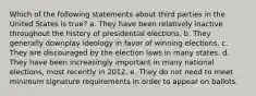 Which of the following statements about third parties in the United States is true? a. They have been relatively inactive throughout the history of presidential elections. b. They generally downplay ideology in favor of winning elections. c. They are discouraged by the election laws in many states. d. They have been increasingly important in many national elections, most recently in 2012. e. They do not need to meet minimum signature requirements in order to appear on ballots.