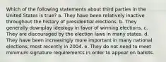 Which of the following statements about third parties in the United States is true? a. They have been relatively inactive throughout the history of presidential elections. b. They generally downplay ideology in favor of winning elections. c. They are discouraged by the election laws in many states. d. They have been increasingly more important in many national elections, most recently in 2004. e. They do not need to meet minimum signature requirements in order to appear on ballots.