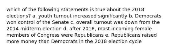 which of the following statements is true about the 2018 elections? a. youth turnout increased significantly b. Democrats won control of the Senate c. overall turnout was down from the 2014 midterm election d. after 2018, most incoming female members of Congress were Republicans e. Republicans raised more money than Democrats in the 2018 election cycle