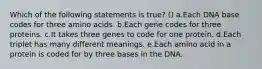 Which of the following statements is true? () a.Each DNA base codes for three amino acids. b.Each gene codes for three proteins. c.It takes three genes to code for one protein. d.Each triplet has many different meanings. e.Each amino acid in a protein is coded for by three bases in the DNA.