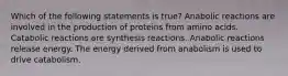 Which of the following statements is true? Anabolic reactions are involved in the production of proteins from amino acids. Catabolic reactions are synthesis reactions. Anabolic reactions release energy. The energy derived from anabolism is used to drive catabolism.