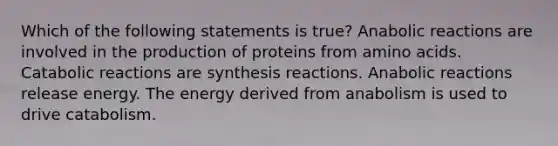 Which of the following statements is true? Anabolic reactions are involved in the production of proteins from amino acids. Catabolic reactions are synthesis reactions. Anabolic reactions release energy. The energy derived from anabolism is used to drive catabolism.