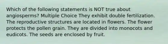 Which of the following statements is NOT true about angiosperms? Multiple Choice They exhibit double fertilization. The reproductive structures are located in flowers. The flower protects the pollen grain. They are divided into monocots and eudicots. The seeds are enclosed by fruit.