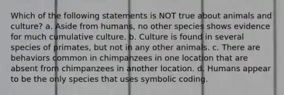 Which of the following statements is NOT true about animals and culture? a. Aside from humans, no other species shows evidence for much cumulative culture. b. Culture is found in several species of primates, but not in any other animals. c. There are behaviors common in chimpanzees in one location that are absent from chimpanzees in another location. d. Humans appear to be the only species that uses symbolic coding.