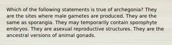 Which of the following statements is true of archegonia? They are the sites where male gametes are produced. They are the same as sporangia. They may temporarily contain sporophyte embryos. They are asexual reproductive structures. They are the ancestral versions of animal gonads.