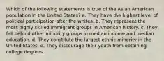 Which of the following statements is true of the Asian American population in the United States? a. They have the highest level of political participation after the whites. b. They represent the most highly skilled immigrant groups in American history. c. They fall behind other minority groups in median income and median education. d. They constitute the largest ethnic minority in the United States. e. They discourage their youth from obtaining college degrees.