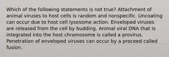 Which of the following statements is not true? Attachment of animal viruses to host cells is random and nonspecific. Uncoating can occur due to host cell lysosome action. Enveloped viruses are released from the cell by budding. Animal viral DNA that is integrated into the host chromosome is called a provirus. Penetration of enveloped viruses can occur by a proceed called fusion.