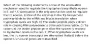 Which of the following statements is true of the attenuation mechanism used to regulate the tryptophan biosynthetic operon in E. coli? A) Attenuation is the only mechanism used to regulate the trp operon. B) One of the enzymes in the Trp biosynthetic pathway binds to the mRNA and blocks translation when tryptophan levels are high. C) The leader peptide plays a direct role in causing RNA polymerase to attenuate transcription. D) Trp codons in the leader peptide gene allow the system to respond to tryptophan levels in the cell. E) When tryptophan levels are low, the trp operon transcripts are attenuated (halted) before the operon's structural genes are transcribed.