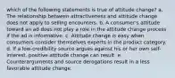 which of the following statements is true of attitude change? a. The relationship between attractiveness and attitude change does not apply to selling encounters. b. A consumer's attitude toward an ad does not play a role in the attitude change process if the ad is informative. c. Attitude change is easy when consumers consider themselves experts in the product category. d. If a low-credibility source argues against his or her own self-interest, positive attitude change can result. e. Counterarguments and source derogations result in a less favorable attitude change.