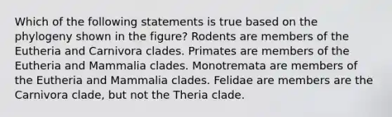 Which of the following statements is true based on the phylogeny shown in the figure? Rodents are members of the Eutheria and Carnivora clades. Primates are members of the Eutheria and Mammalia clades. Monotremata are members of the Eutheria and Mammalia clades. Felidae are members are the Carnivora clade, but not the Theria clade.