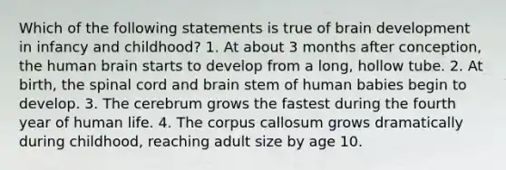 Which of the following statements is true of brain development in infancy and childhood? 1. At about 3 months after conception, the human brain starts to develop from a long, hollow tube. 2. At birth, the spinal cord and brain stem of human babies begin to develop. 3. The cerebrum grows the fastest during the fourth year of human life. 4. The corpus callosum grows dramatically during childhood, reaching adult size by age 10.