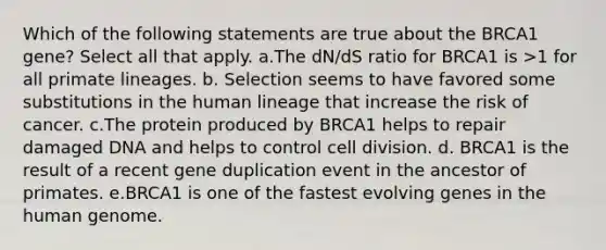 Which of the following statements are true about the BRCA1 gene? Select all that apply. a.The dN/dS ratio for BRCA1 is >1 for all primate lineages. b. Selection seems to have favored some substitutions in the human lineage that increase the risk of cancer. c.The protein produced by BRCA1 helps to repair damaged DNA and helps to control cell division. d. BRCA1 is the result of a recent gene duplication event in the ancestor of primates. e.BRCA1 is one of the fastest evolving genes in the human genome.