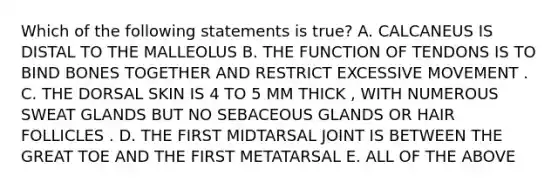 Which of the following statements is true? A. CALCANEUS IS DISTAL TO THE MALLEOLUS B. THE FUNCTION OF TENDONS IS TO BIND BONES TOGETHER AND RESTRICT EXCESSIVE MOVEMENT . C. THE DORSAL SKIN IS 4 TO 5 MM THICK , WITH NUMEROUS SWEAT GLANDS BUT NO SEBACEOUS GLANDS OR HAIR FOLLICLES . D. THE FIRST MIDTARSAL JOINT IS BETWEEN THE GREAT TOE AND THE FIRST METATARSAL E. ALL OF THE ABOVE