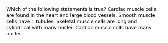 Which of the following statements is true? Cardiac muscle cells are found in the heart and large blood vessels. Smooth muscle cells have T tubules. Skeletal muscle cells are long and cylindrical with many nuclei. Cardiac muscle cells have many nuclei.