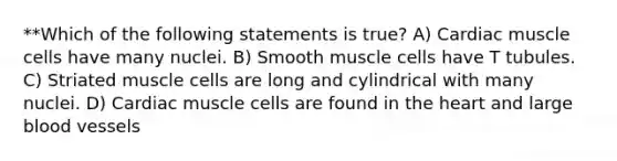 **Which of the following statements is true? A) Cardiac muscle cells have many nuclei. B) Smooth muscle cells have T tubules. C) Striated muscle cells are long and cylindrical with many nuclei. D) Cardiac muscle cells are found in the heart and large blood vessels