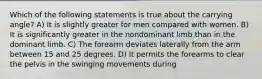 Which of the following statements is true about the carrying angle? A) It is slightly greater for men compared with women. B) It is significantly greater in the nondominant limb than in the dominant limb. C) The forearm deviates laterally from the arm between 15 and 25 degrees. D) It permits the forearms to clear the pelvis in the swinging movements during