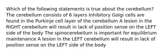 Which of the following statements is true about the cerebellum? The cerebellum consists of 6 layers Inhibitory Golgi cells are found in the Purkinje cell layer of the cerebellum A lesion in the RIGHT cerebellum will result in lack of position sense on the LEFT side of the body The spinocerebellum is important for equilibrium maintenance A lesion in the LEFT cerebellum will result in lack of position sense on the LEFT side of the body