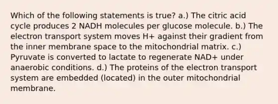 Which of the following statements is true? a.) The citric acid cycle produces 2 NADH molecules per glucose molecule. b.) The electron transport system moves H+ against their gradient from the inner membrane space to the mitochondrial matrix. c.) Pyruvate is converted to lactate to regenerate NAD+ under anaerobic conditions. d.) The proteins of the electron transport system are embedded (located) in the outer mitochondrial membrane.