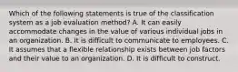 Which of the following statements is true of the classification system as a job evaluation method? A. It can easily accommodate changes in the value of various individual jobs in an organization. B. It is difficult to communicate to employees. C. It assumes that a flexible relationship exists between job factors and their value to an organization. D. It is difficult to construct.